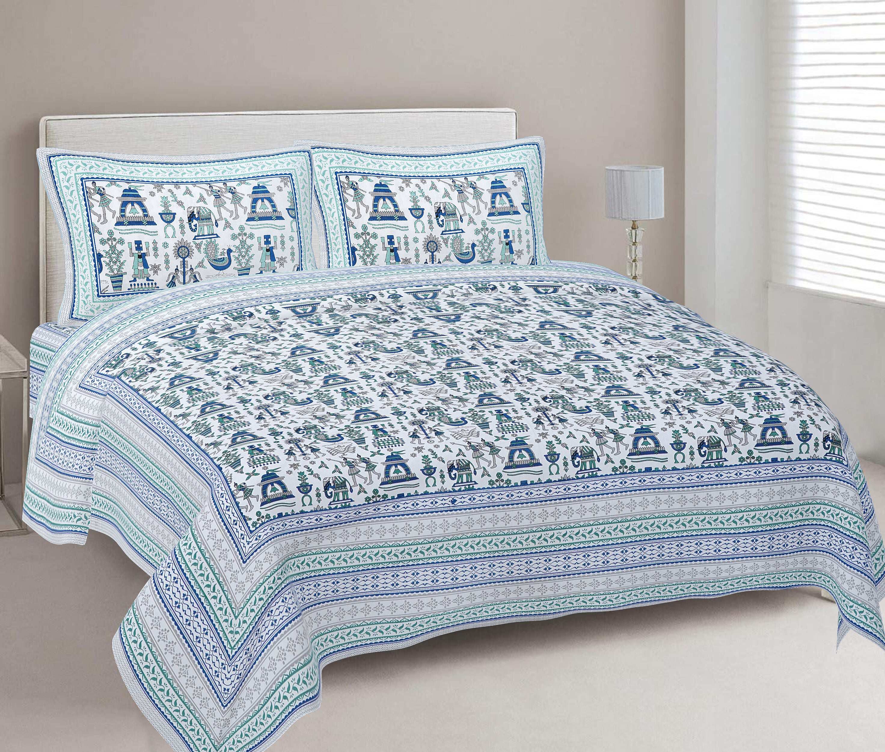 Rudra Bazaar Turquoise Blue 210 TC Cotton Double King Bedsheet With 2 Pillow Covers