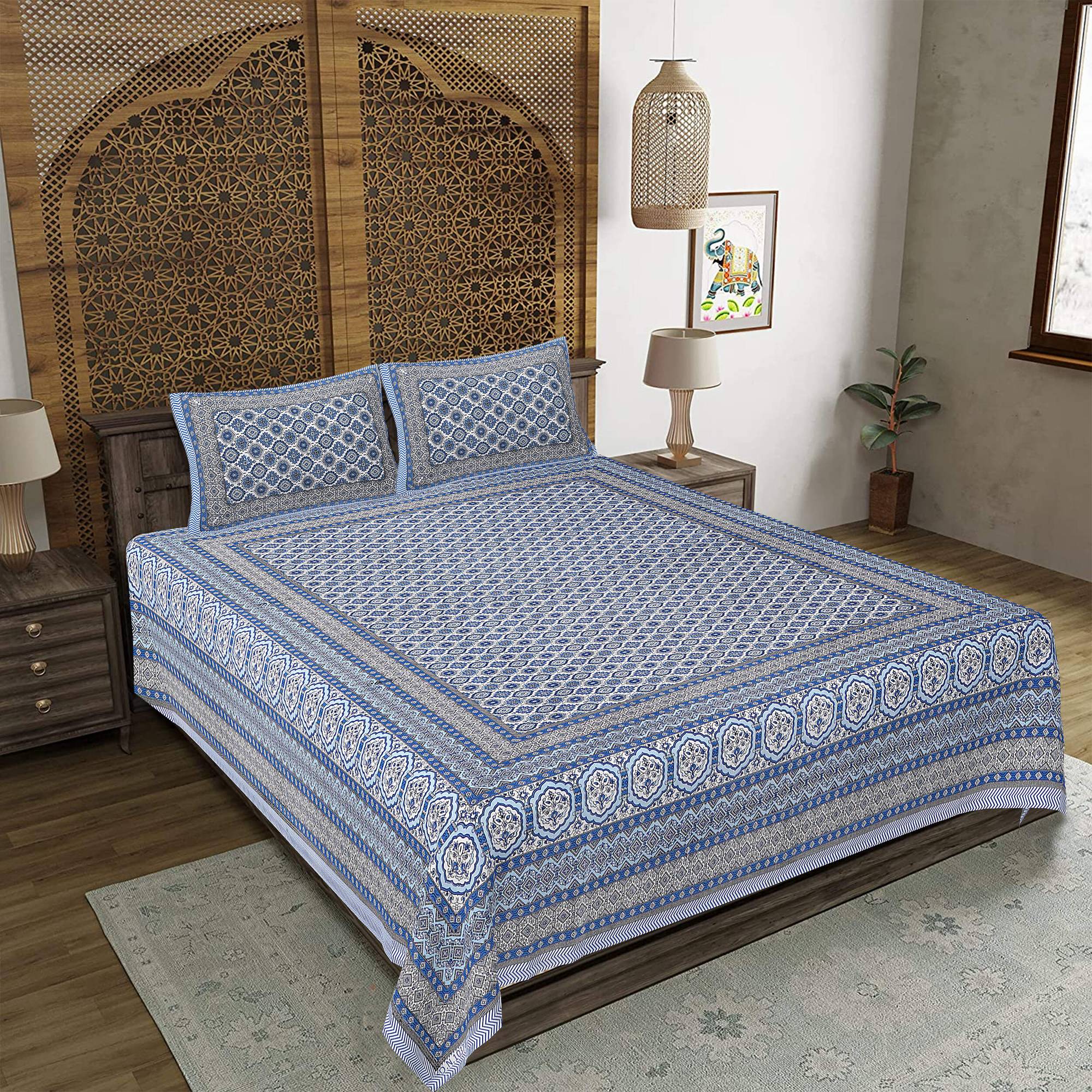 Rudra Bazaar Blue 210 TC Cotton Double King Bedsheet With 2 Pillow Covers