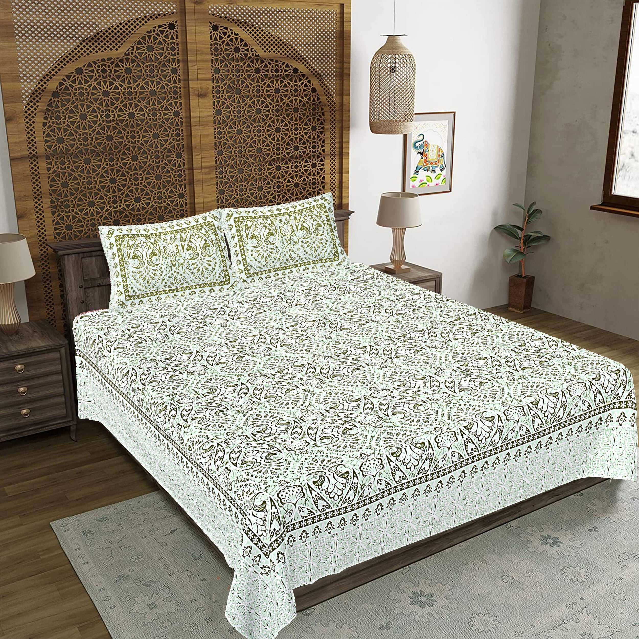 Rudra Bazaar Green 210 TC Cotton Double King Bedsheet With 2 Pillow Covers