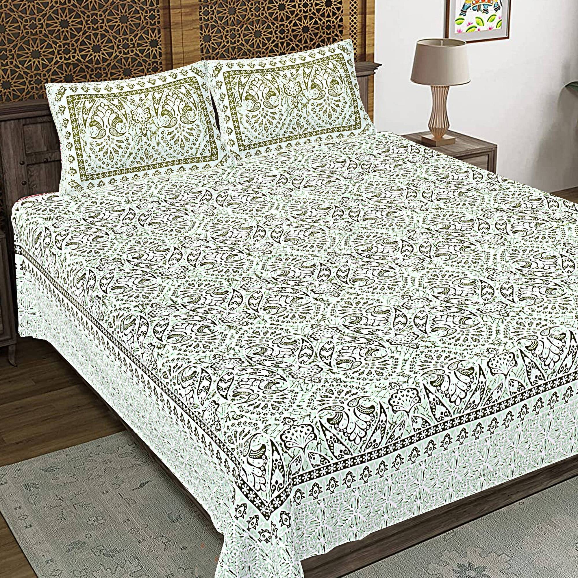 Rudra Bazaar Green 210 TC Cotton Double King Bedsheet With 2 Pillow Covers
