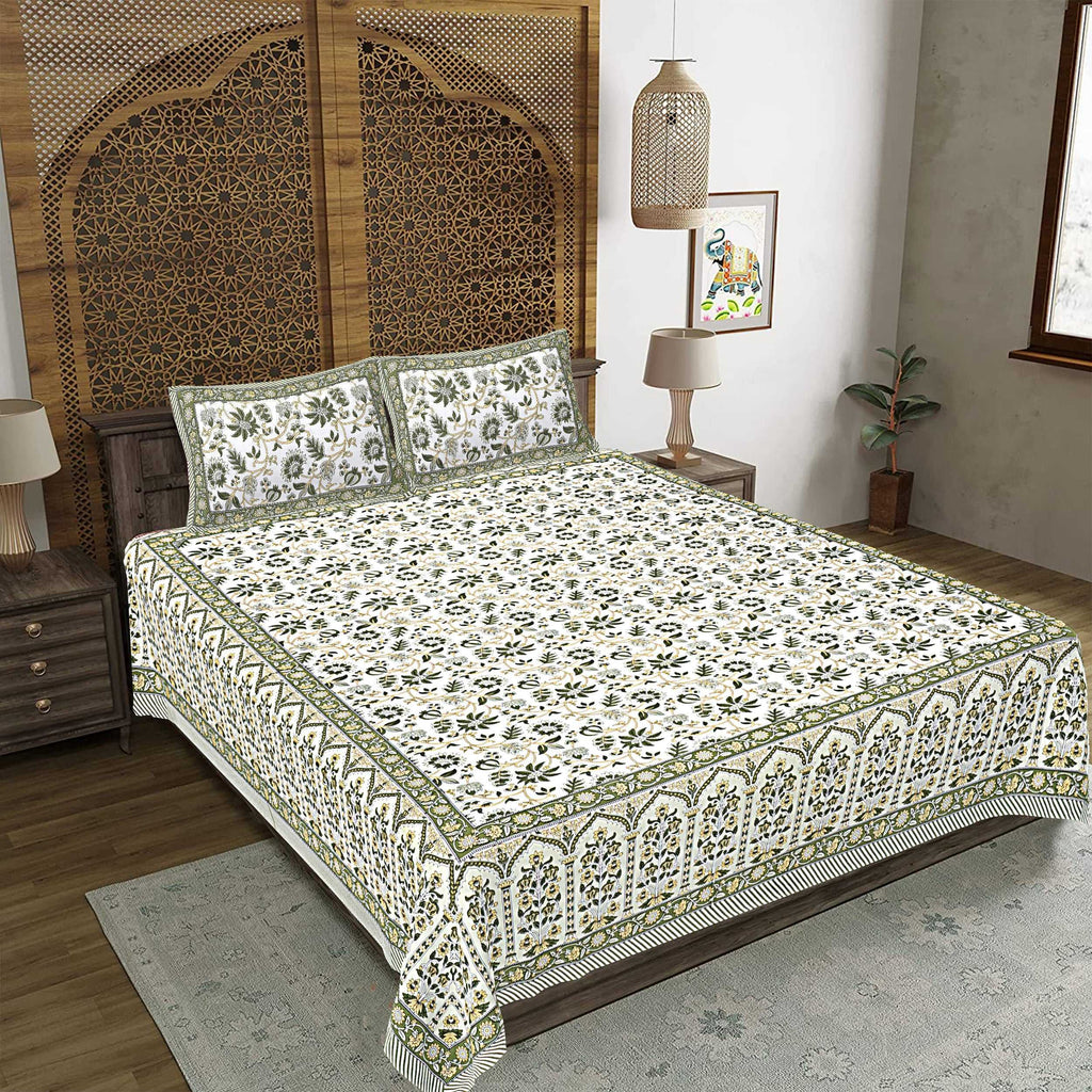 Rudra Bazaar Green 210 TC Cotton Double King Bedsheet With 2 Pillow Covers