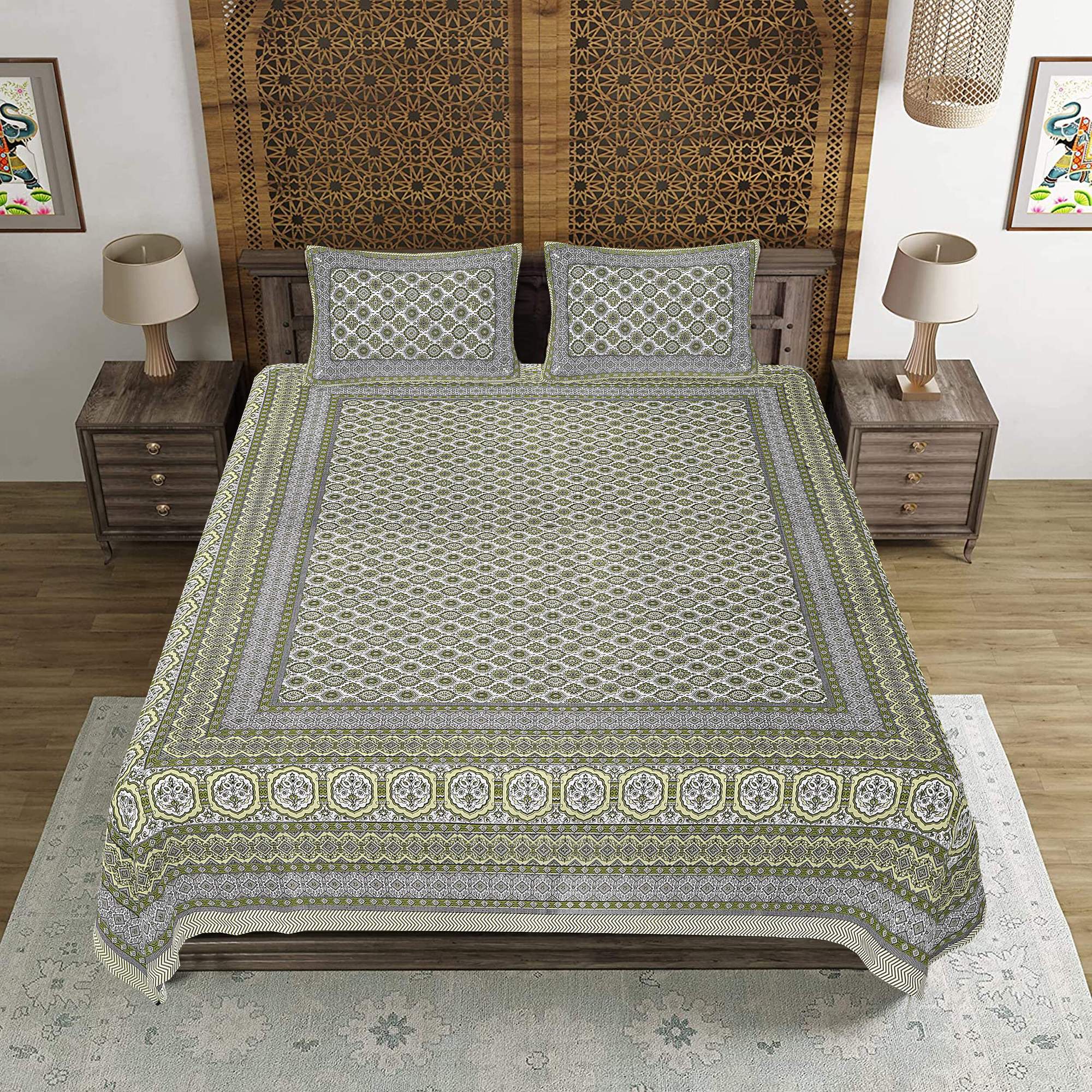 Rudra Bazaar Green 210 TC Cotton Double King Bedsheet With 2 Pillow Covers