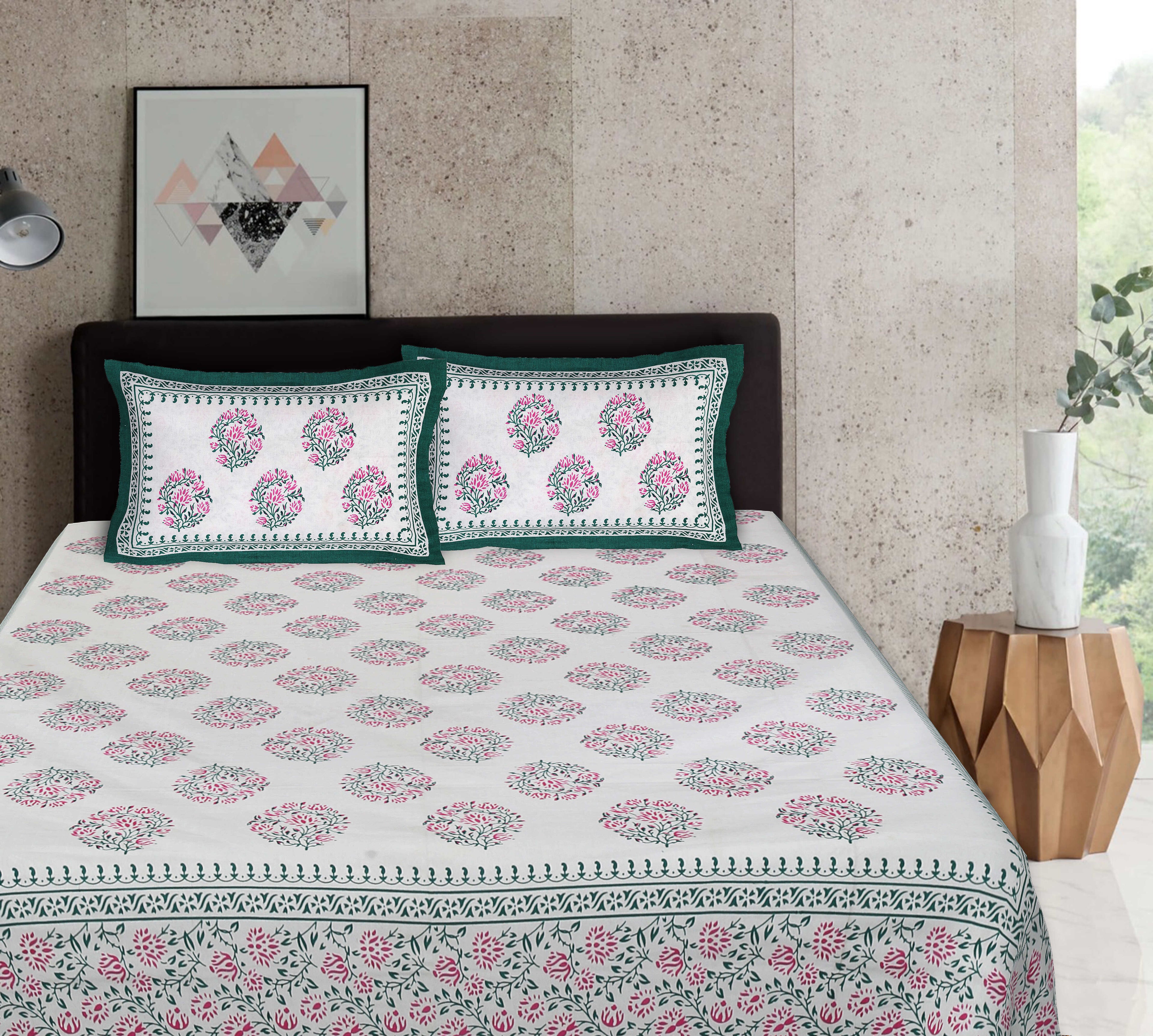 Rudra Bazaar Sea Green 210 TC Cotton Double King Bedsheet With 2 Pillow Covers