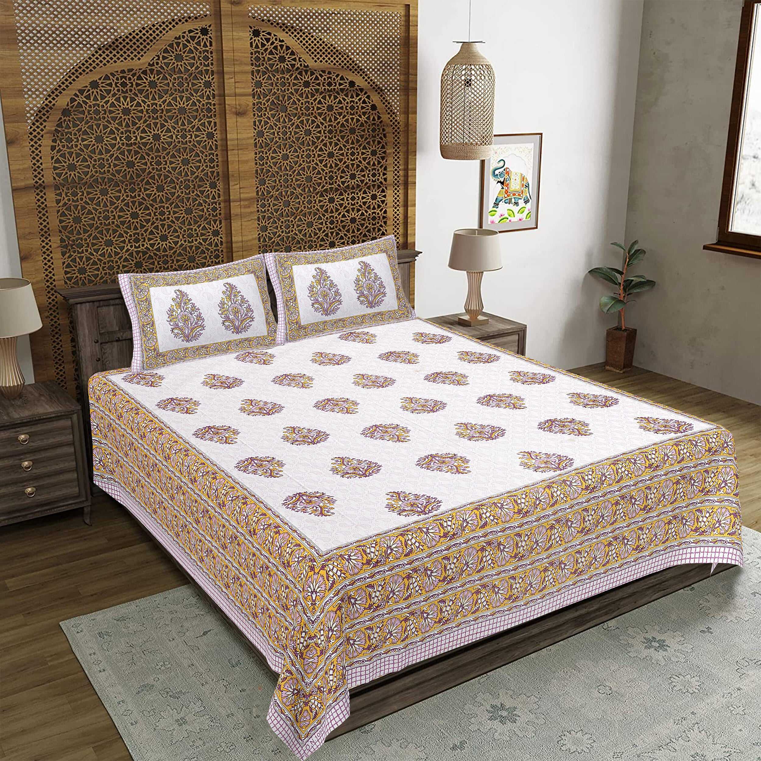Rudra Bazaar Purple Gold 210 TC Cotton Double King Bedsheet With 2 Pillow Covers