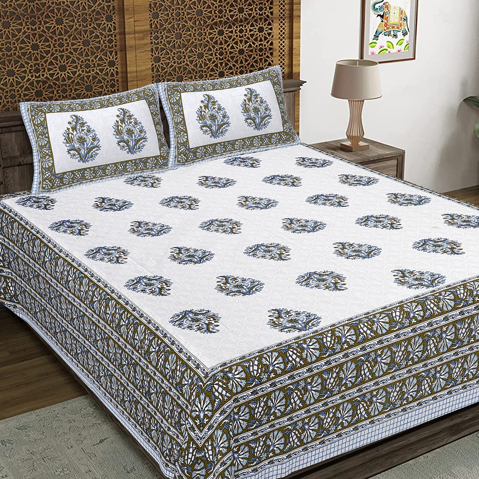 Rudra Bazaar Blue Green 210 TC Cotton Double King Bedsheet With 2 Pillow Covers