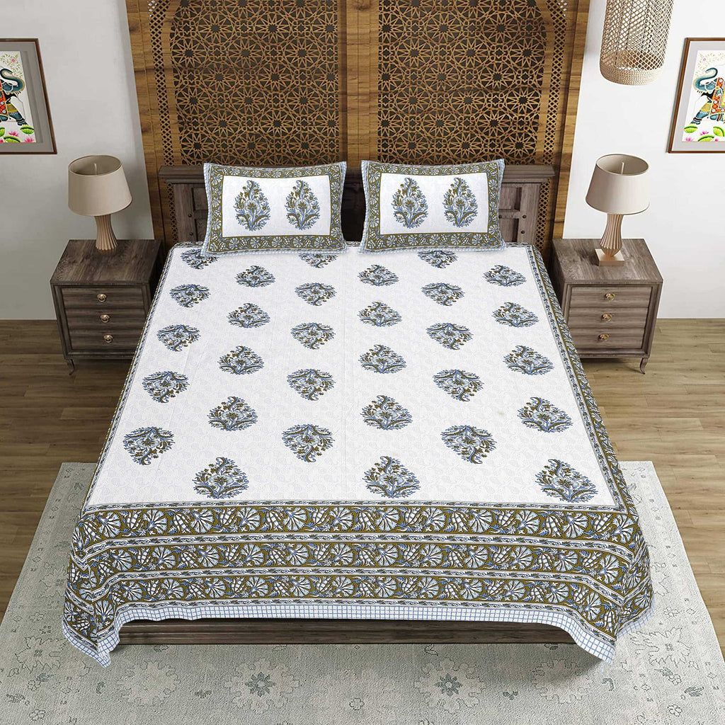 Rudra Bazaar Blue Green 210 TC Cotton Double King Bedsheet With 2 Pillow Covers