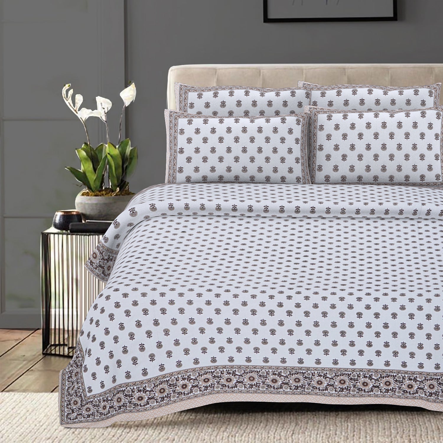 Rudra Bazaar Brown 210 TC Cotton Double King Bedsheet With 2 Pillow Covers