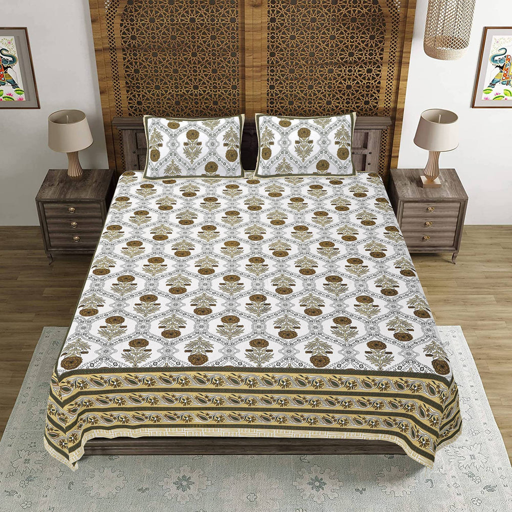 Rudra Bazaar Green 210 TC Cotton Double King Bedsheet With 2 Pillow Covers