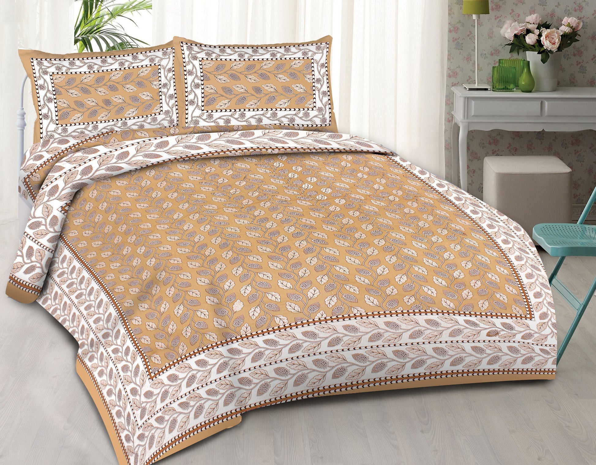 Rudra Bazaar Brown 210 TC Cotton Double King Bedsheet With 2 Pillow Covers