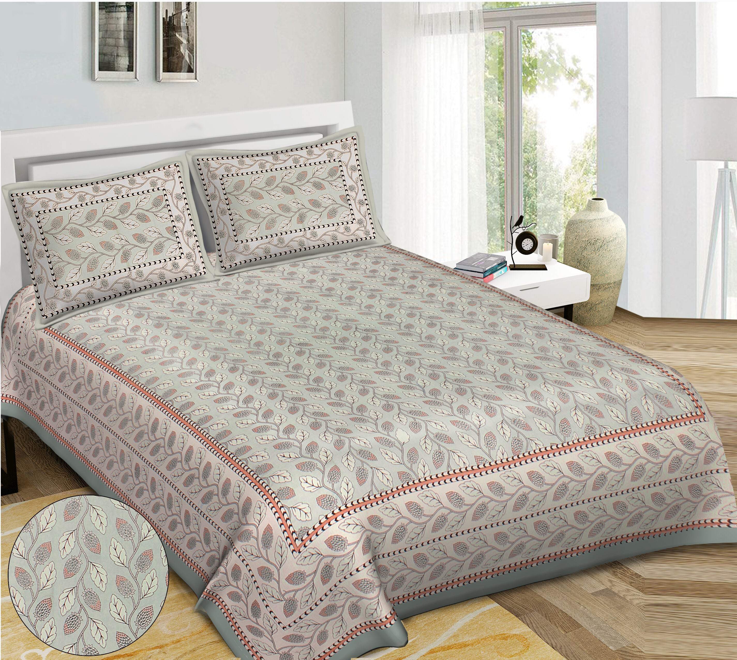Rudra Bazaar Sea Green 210 TC Cotton Double King Bedsheet With 2 Pillow Covers
