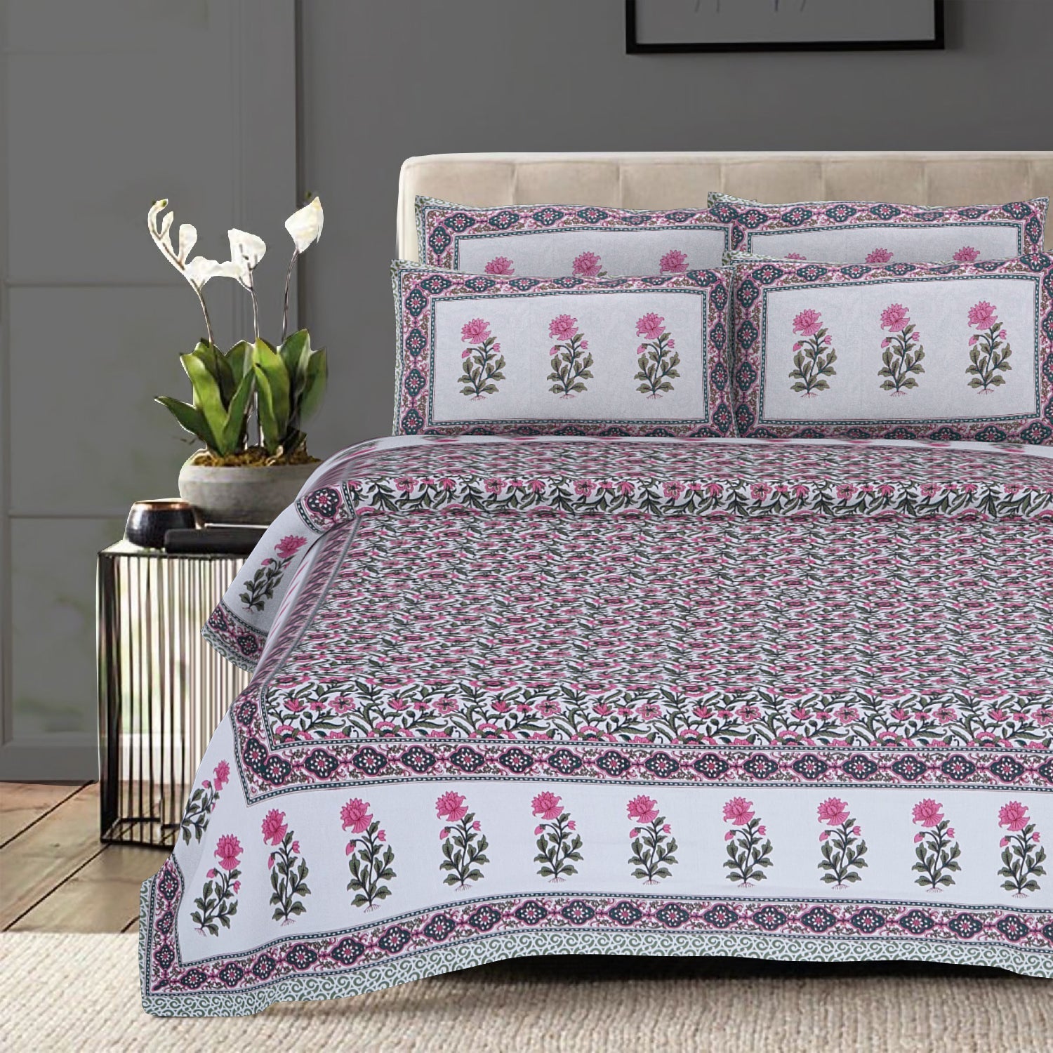 Rudra Bazaar Green 210 TC Cotton Double King Bedsheet With 2 Pillow Covers