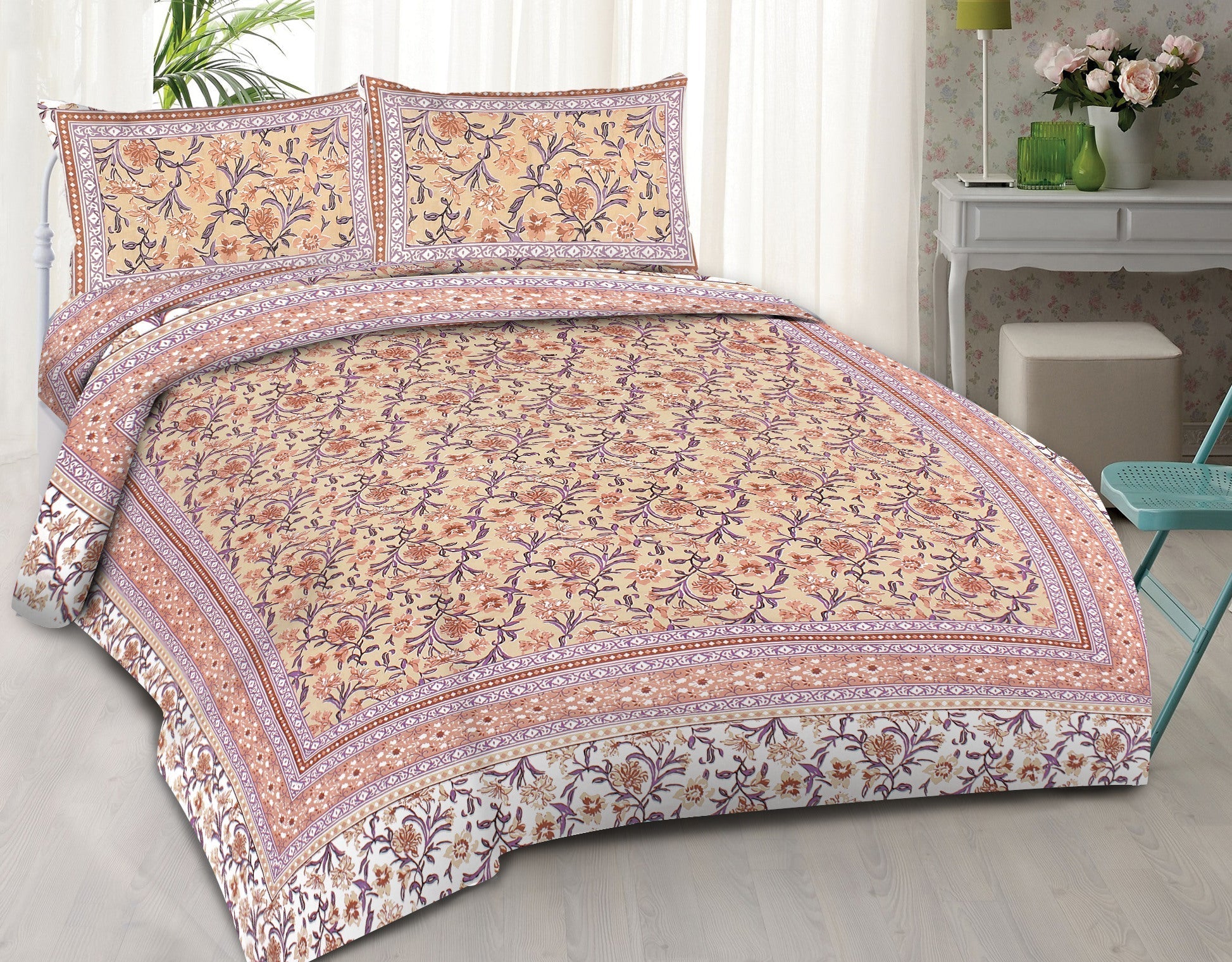 Rudra Bazaar Brown 210 TC Cotton Double King Bedsheet With 2 Pillow Covers