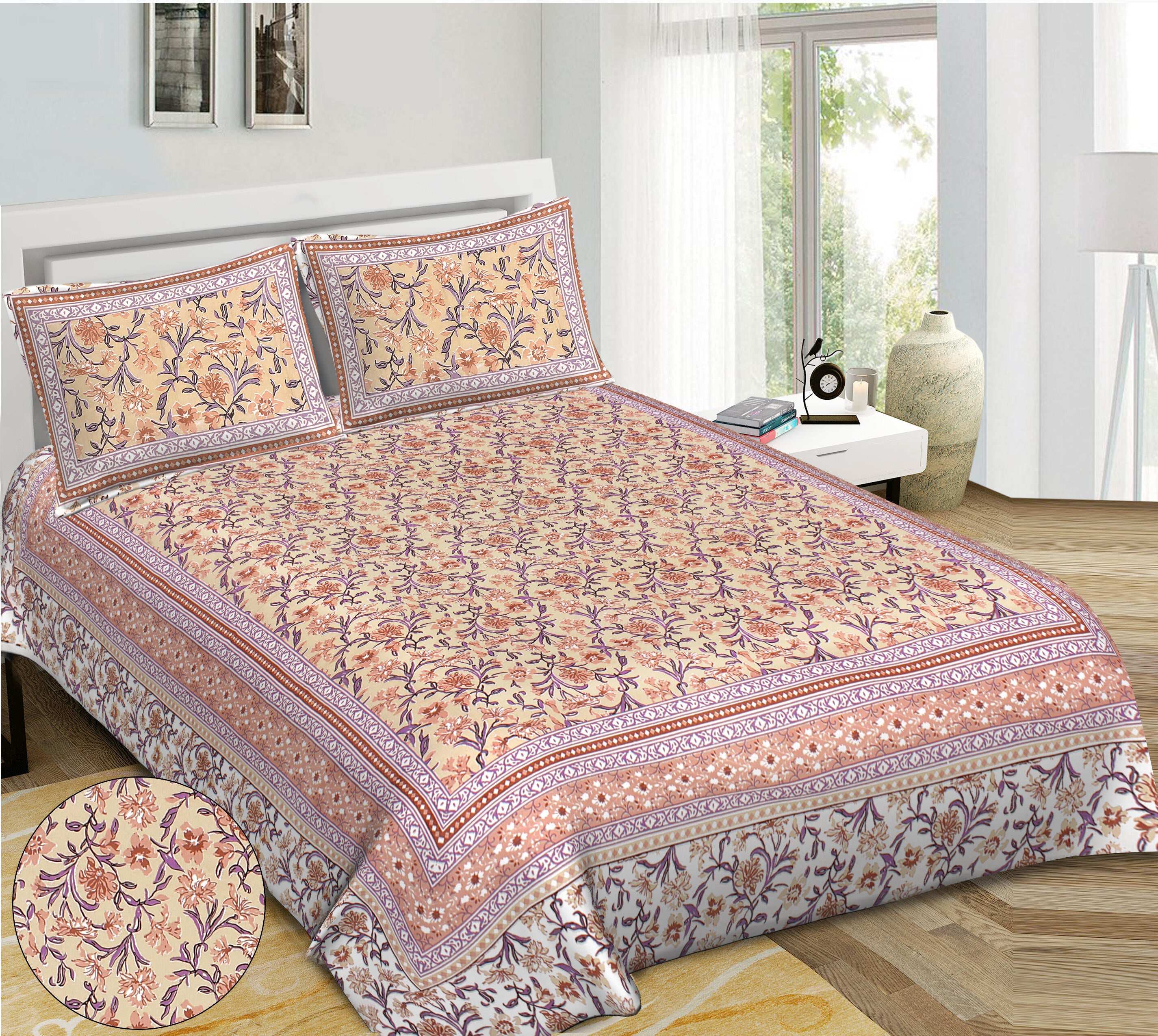 Rudra Bazaar Brown 210 TC Cotton Double King Bedsheet With 2 Pillow Covers