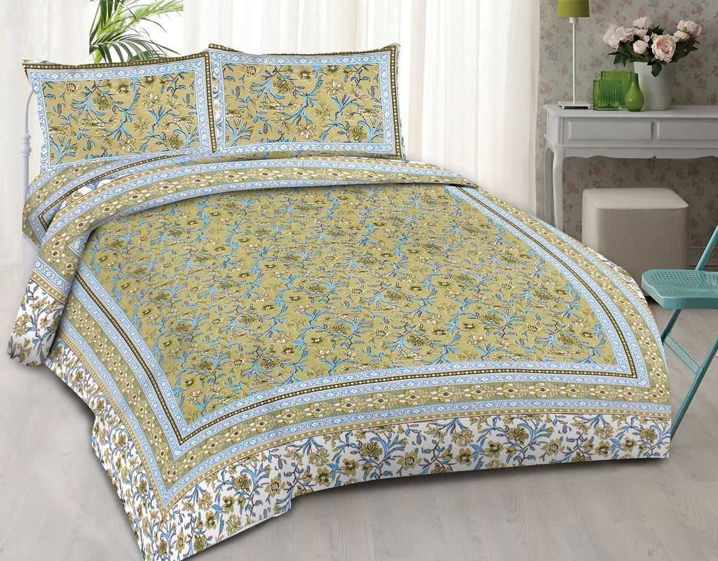 Rudra Bazaar Green 210 TC Cotton Double King Bedsheet With 2 Pillow Covers