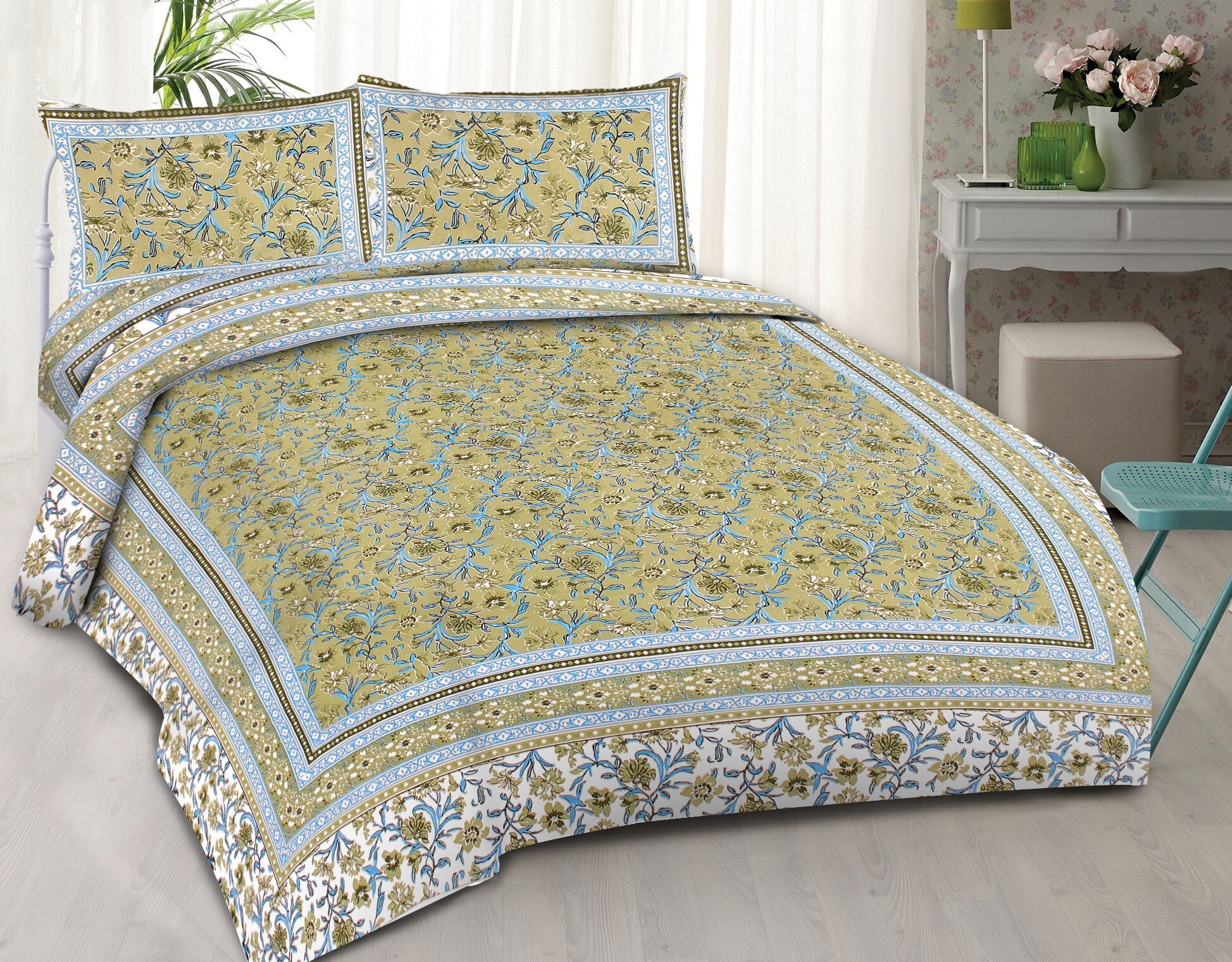 Rudra Bazaar Green 210 TC Cotton Double King Bedsheet With 2 Pillow Covers