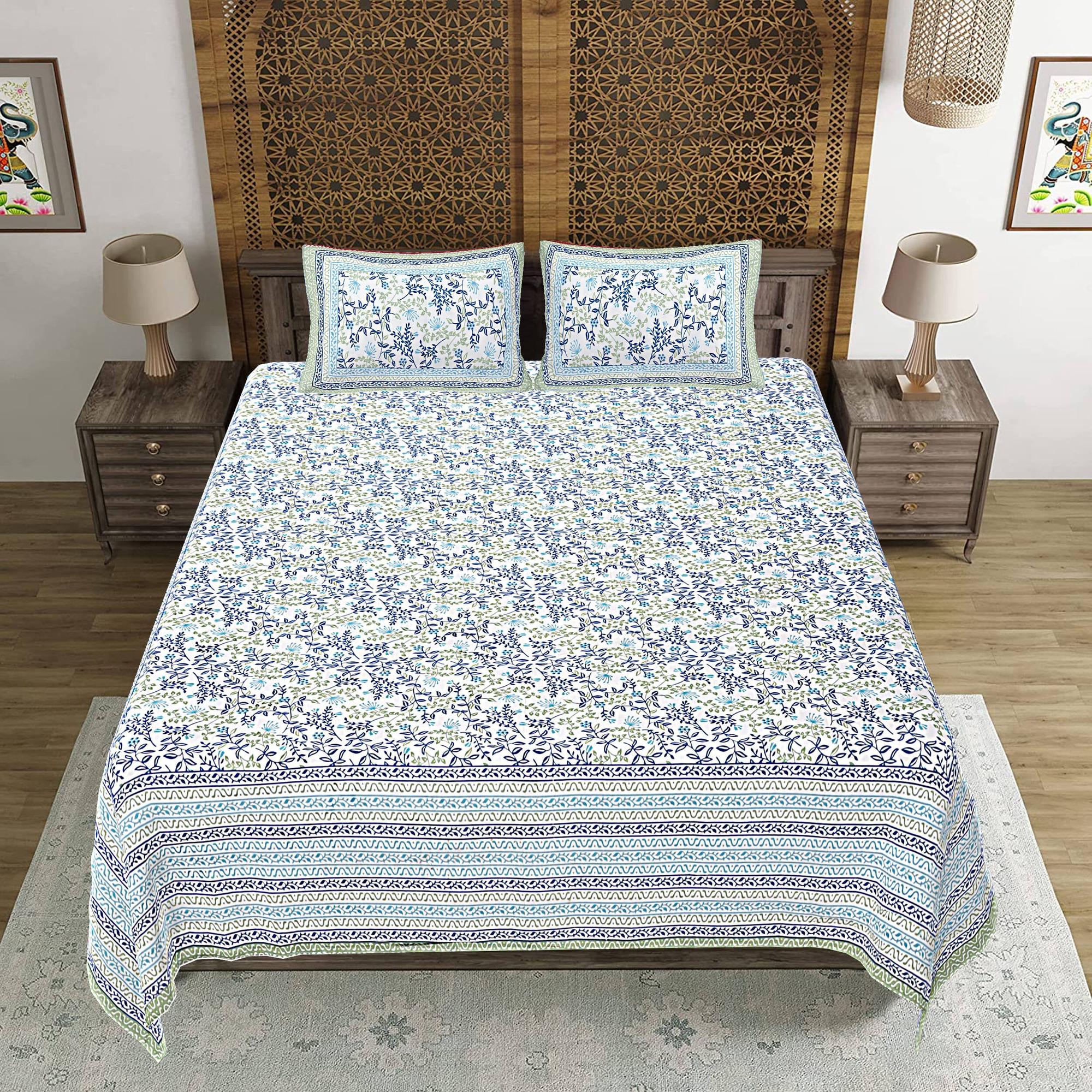Rudra Bazaar Green 210 TC Cotton Double King Bedsheet With 2 Pillow Covers