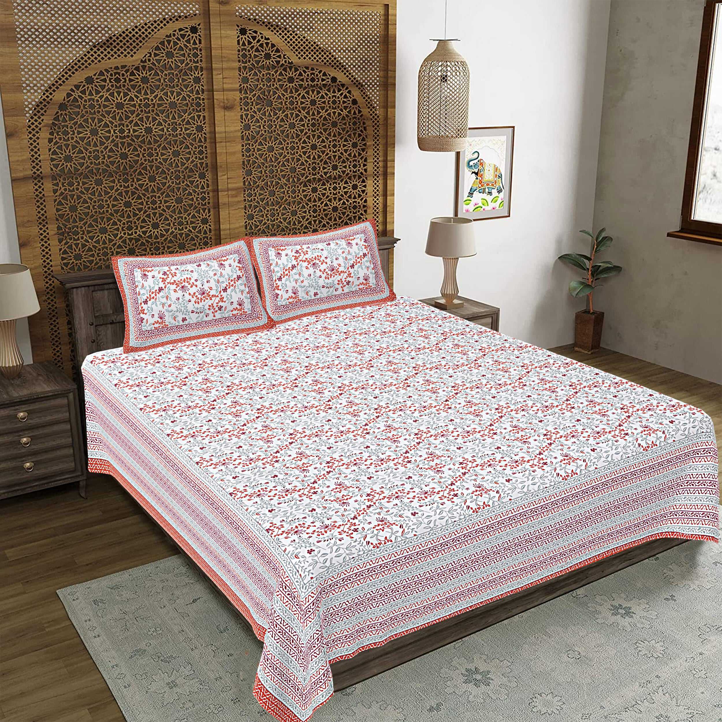 Rudra Bazaar Orange 210 TC Cotton Double King Bedsheet With 2 Pillow Covers