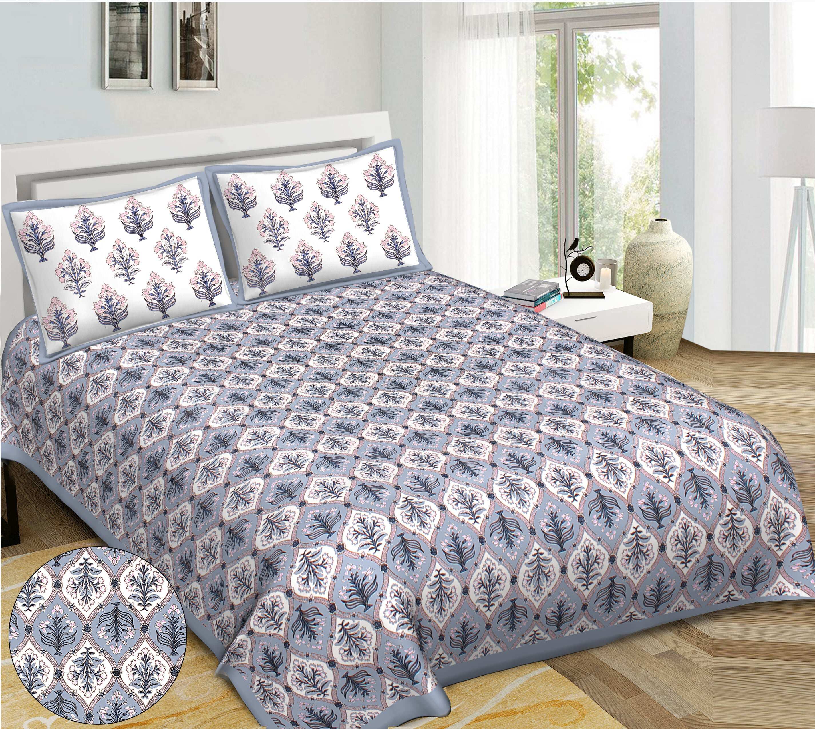 Rudra Bazaar Blue 210 TC Cotton Double King Bedsheet With 2 Pillow Covers