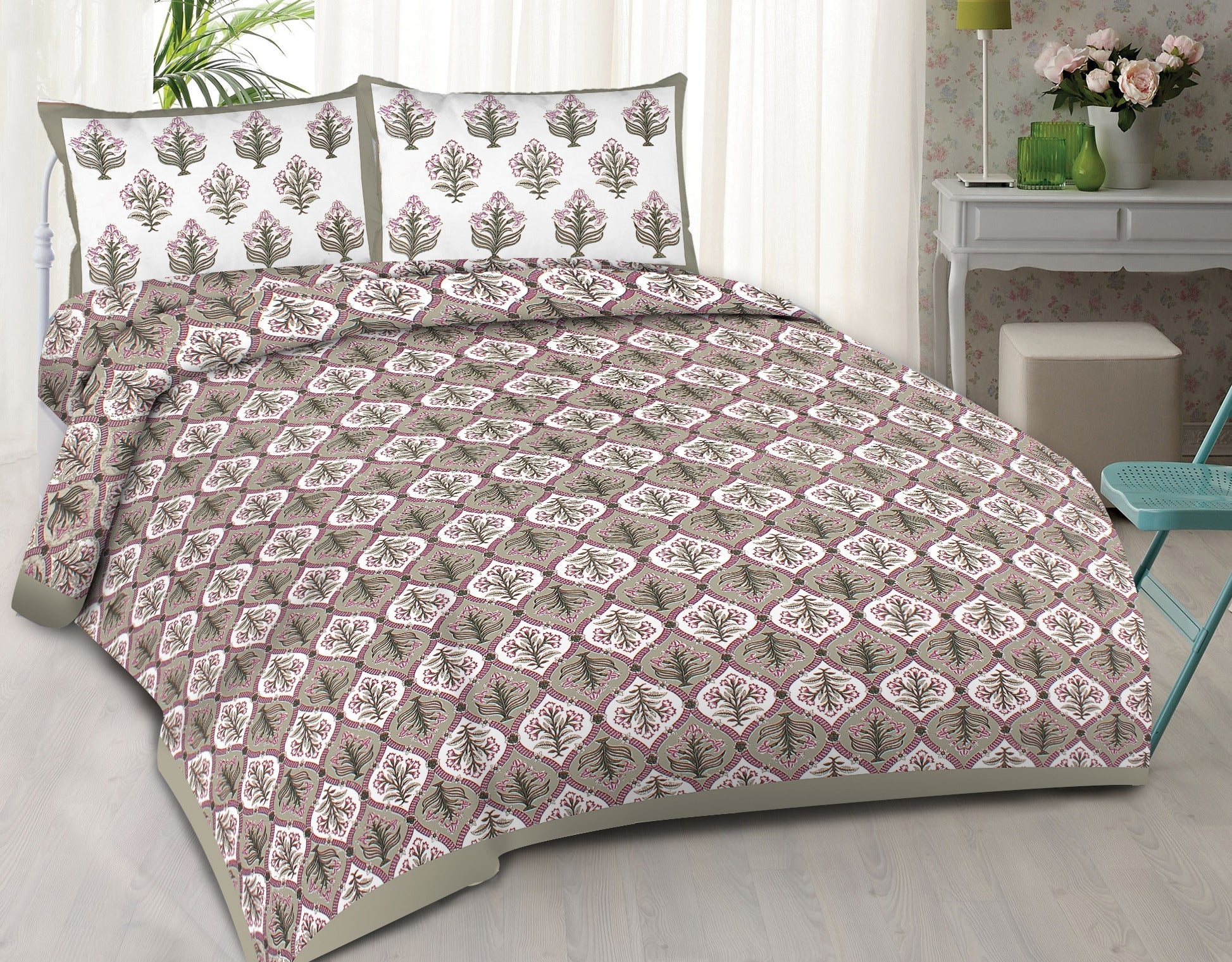 Rudra Bazaar Grey 210 TC Cotton Double King Bedsheet With 2 Pillow Covers