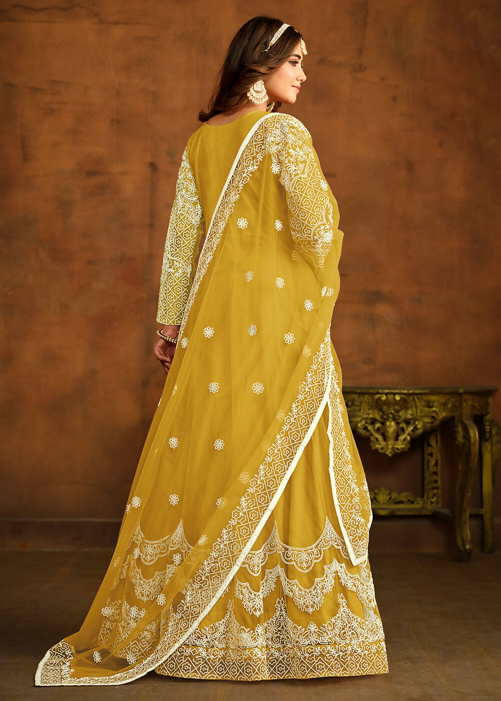 Yellow All Over Embroidered Net Wedding Anarkali Suit - Emponline