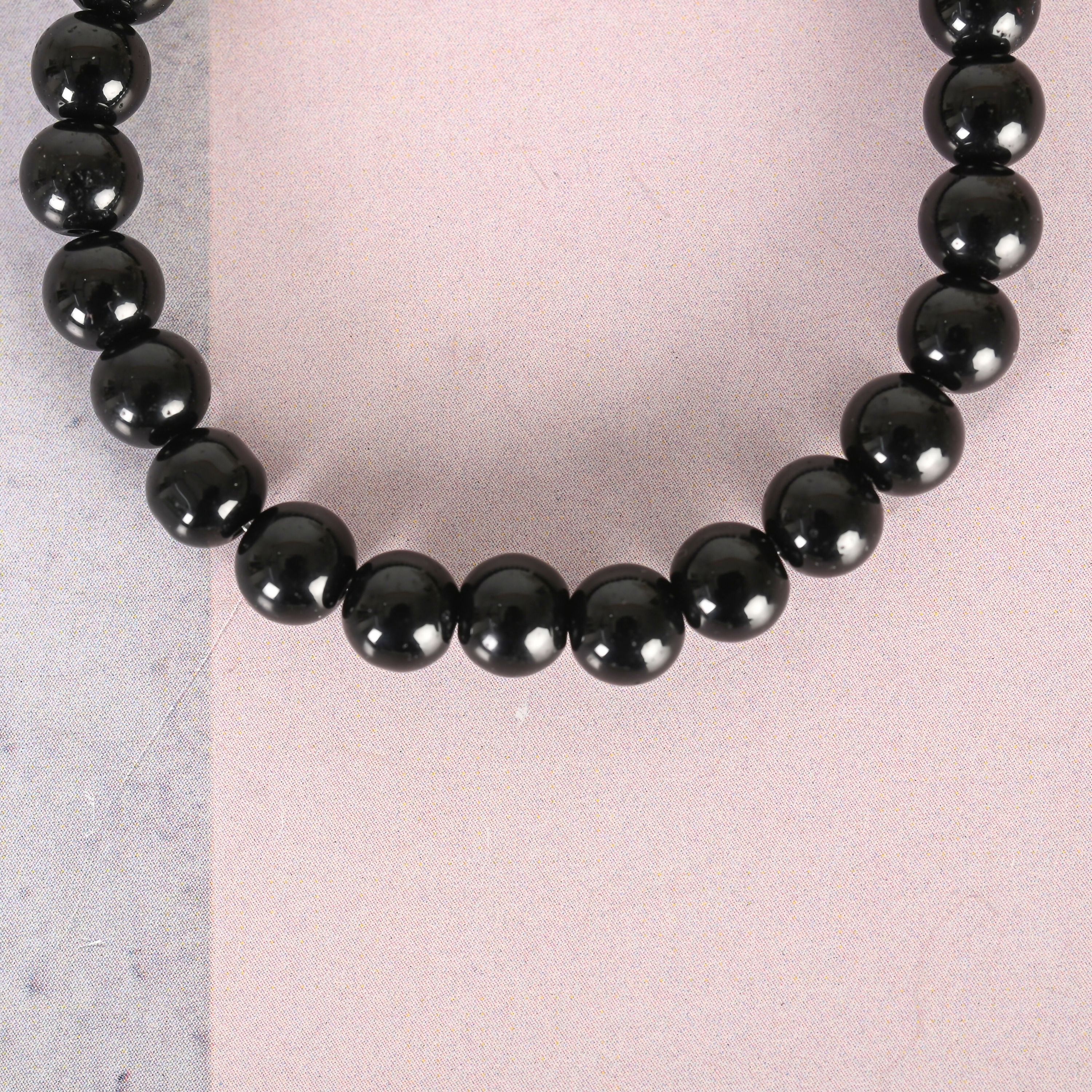 NVR Men & Women Black Marble Crystal Beaded Elasticated Bracelet