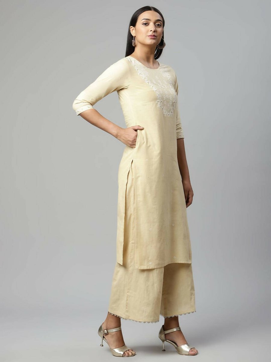 Ahalyaa Womens Chiku Pure Cotton Printed Kurta Palazzo Set