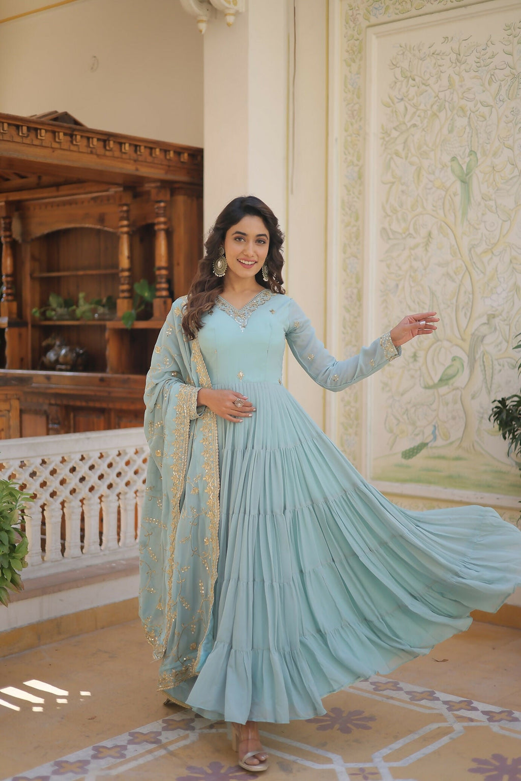 Joban Fashion Sky Blue Georgette Sequence Embroidery Work Kurta Set