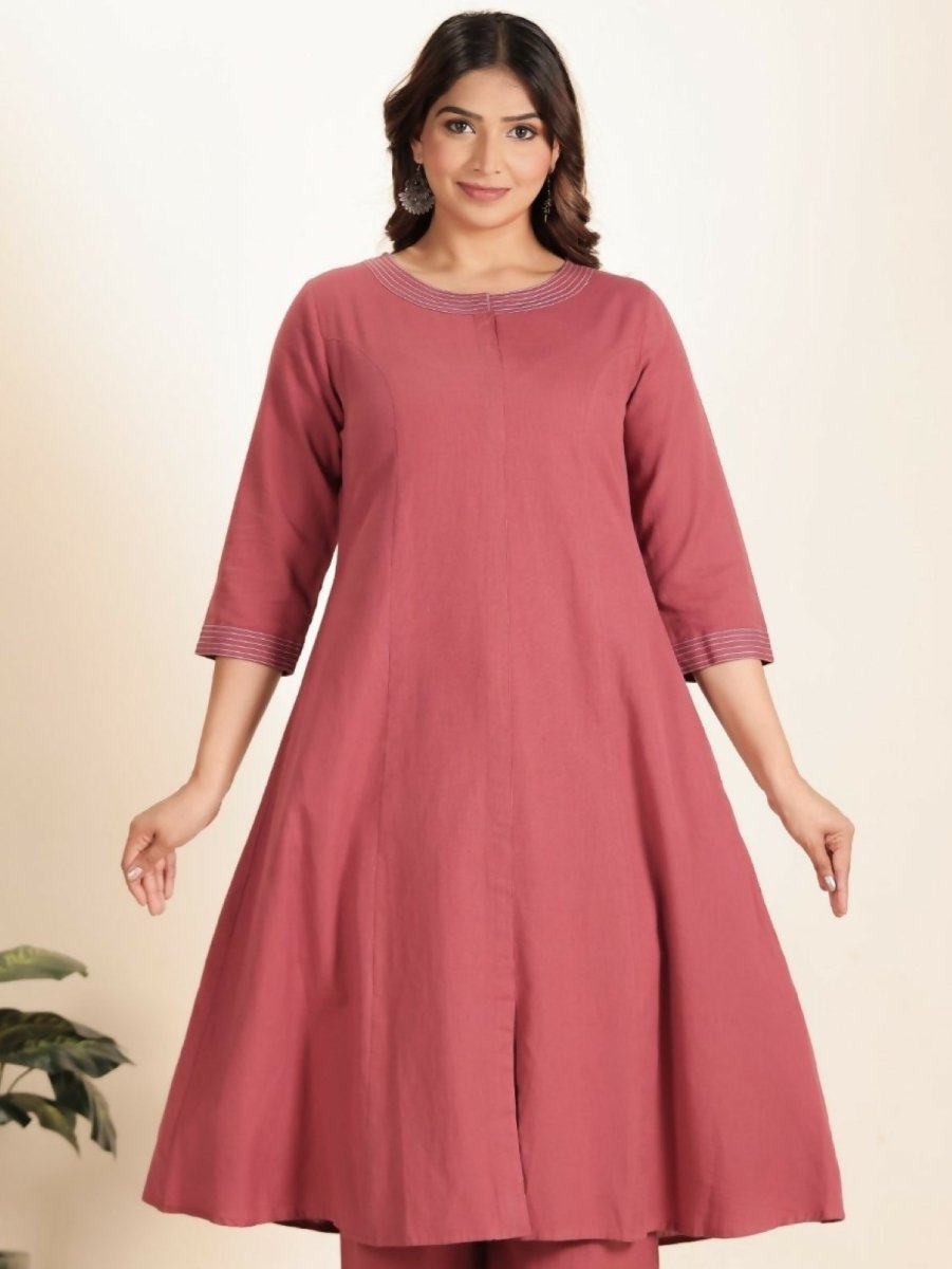 Aramya Pink Linen Cotton Solid A-line Kurta for Women