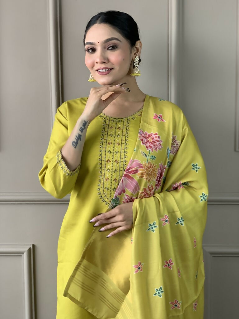 Lemon Viscose chanderi Stitched Suit With Dupatta - Tanisha