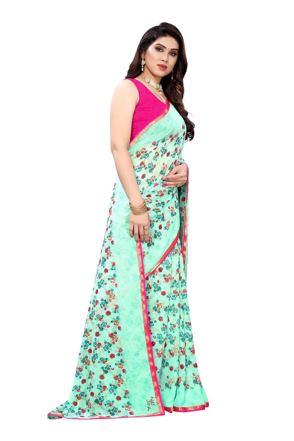 Vamika Ethnic Fire Green Printed With Lace Saree