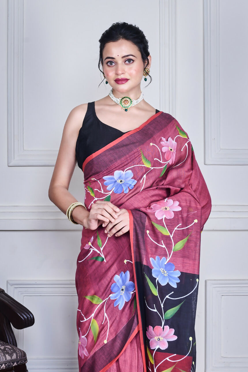 Morchari Multicolour Cotton Handloom Mirror Work Saree Unstitched Blouse