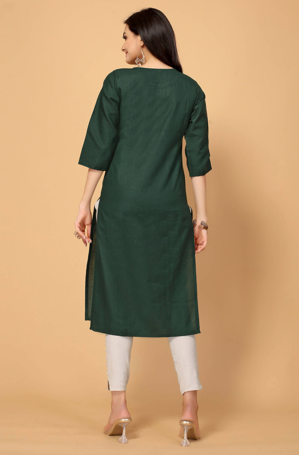 Dark Green Cottan Slub Embroidery Kurti - Umi