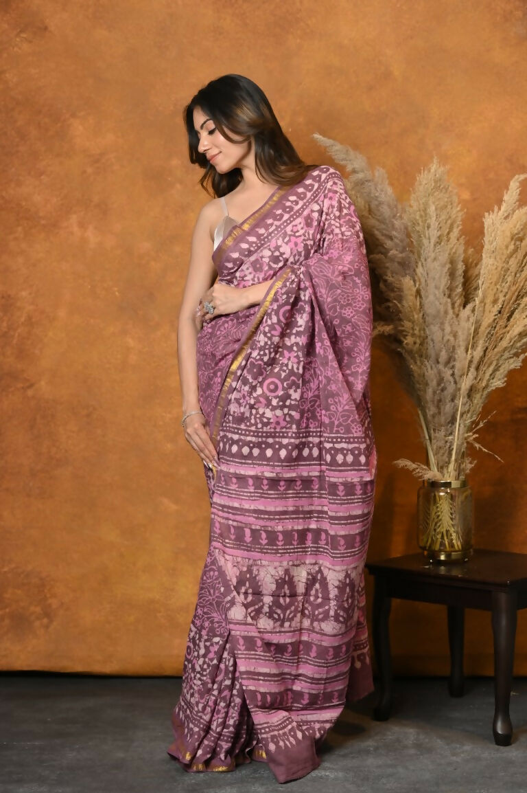 Very Much Indian Handblock Printed Cotton Saree With Natural Dyes - Pink