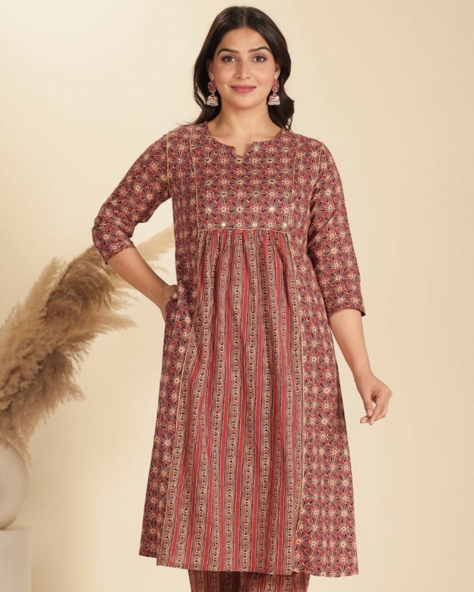 Aramya Red Soft Cotton Geometric Panelled Kurta for Women