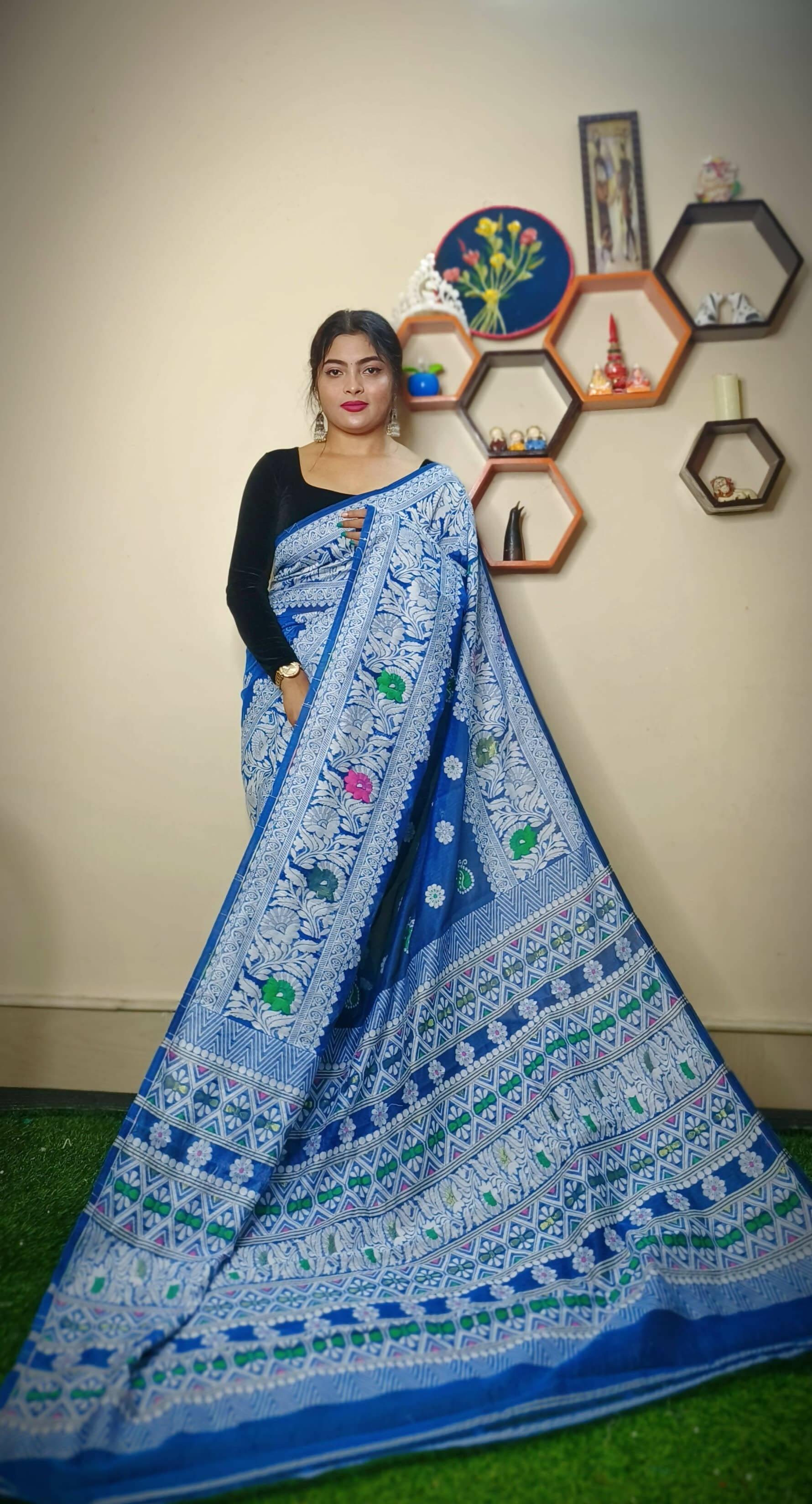 Exclusive Collection Handloom Dhakai Jamdani Saree - Steel Blue