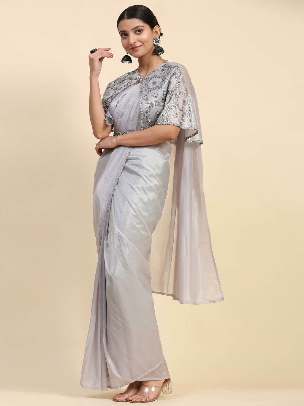 Grey Satin Solid Ready to wear Saree with stitched Blouse - Vanita