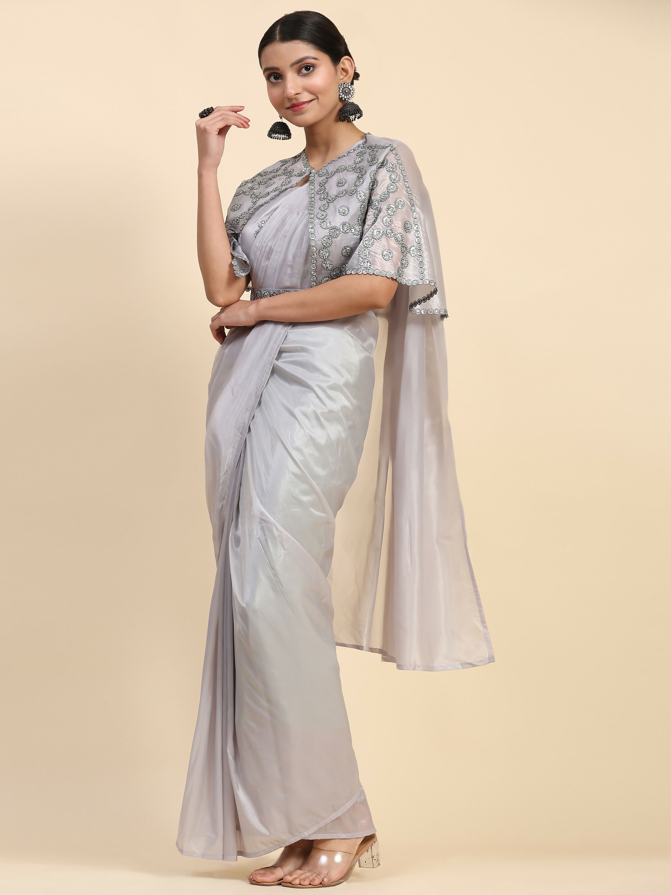 Grey Satin Solid Ready to wear Saree with stitched Blouse - Vanita