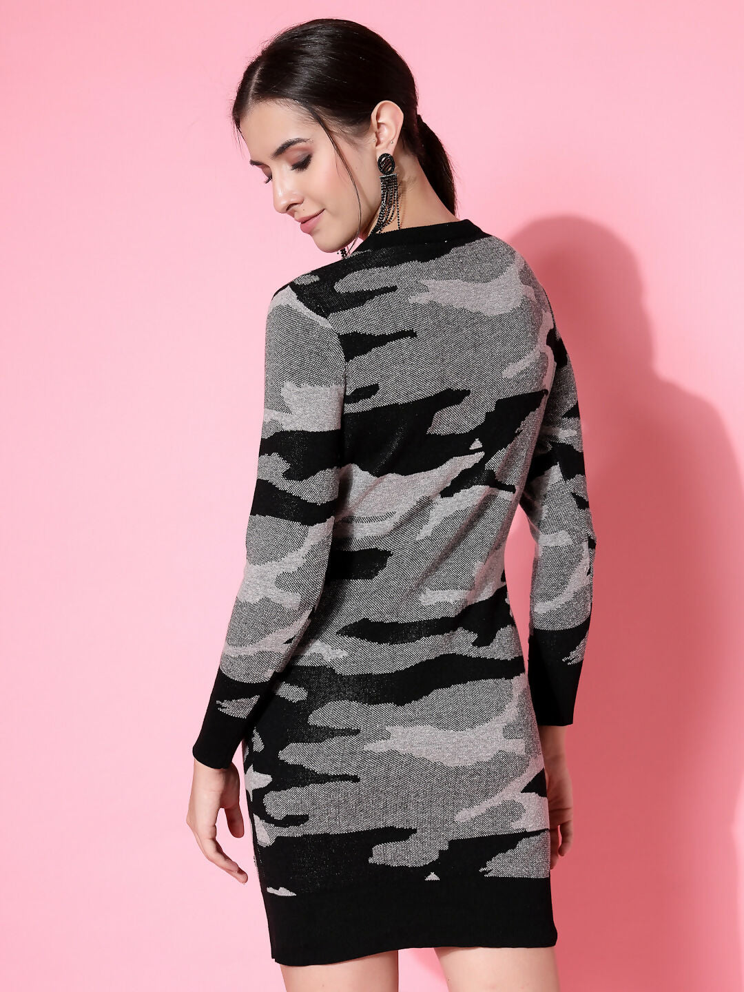 Women Black Acrylic Camouflage Knit Winter Dress - Wool Trees