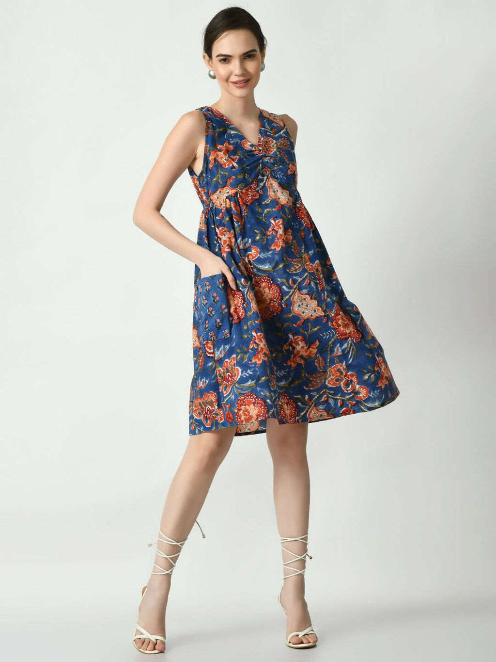 Myshka Women's Blue Floral Printed A-Line Dress