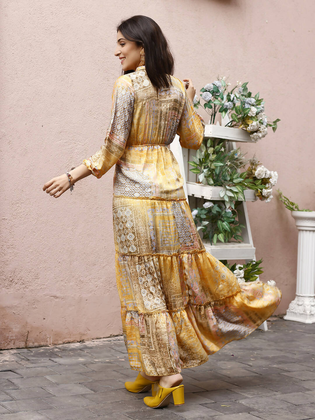 Mustard Crepe Foil Printed Long Dress - Michan