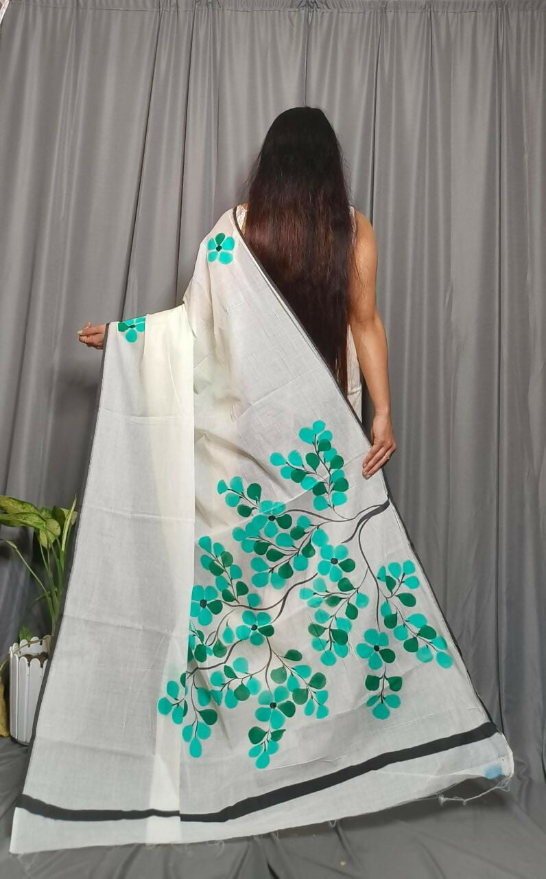 Exclusive Collection Beautiful White Green Pure Cotton Hand Print Handloom Saree With Running Blouse Piece