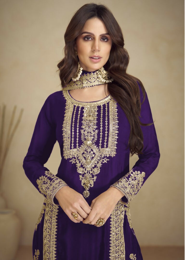 Vastranavya Gorgeous Purple Faux Georgette with Embroidery 3mm Sequence & Coding Work Pakistani Straight Pant Suit