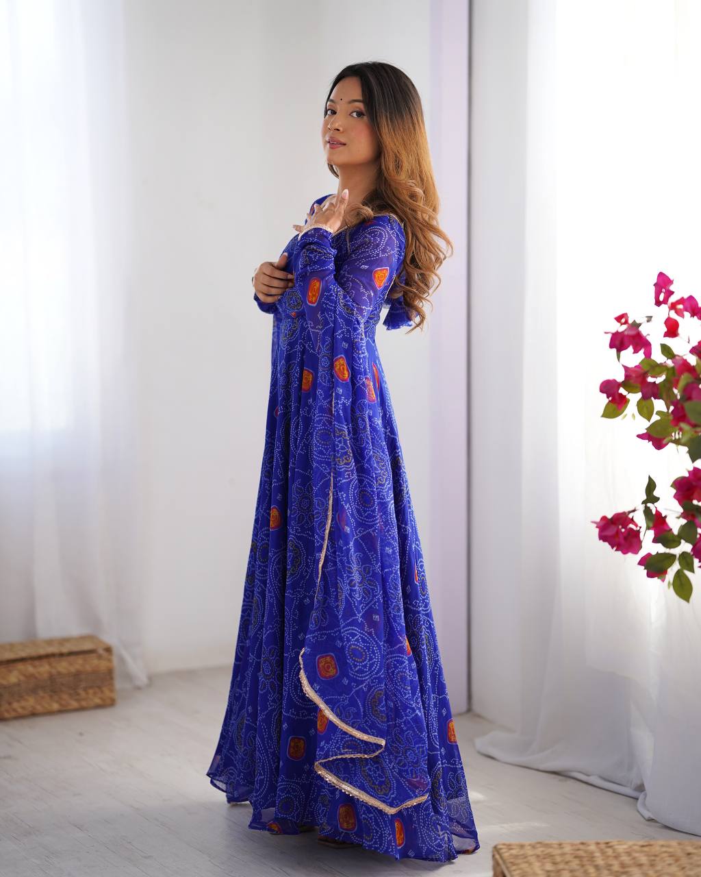 Evanik Royal Blue Pure Lightweight Chiffon Bandhej Design Anarkali Pant With Dupatta