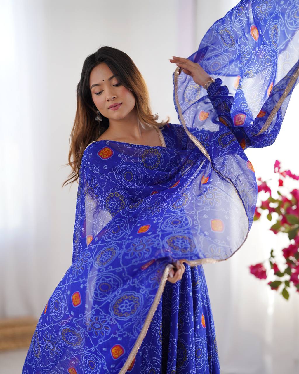 Evanik Royal Blue Pure Lightweight Chiffon Bandhej Design Anarkali Pant With Dupatta