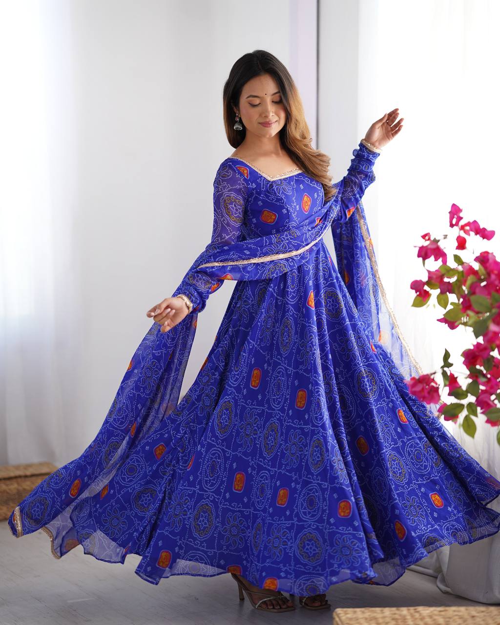 Evanik Royal Blue Pure Lightweight Chiffon Bandhej Design Anarkali Pant With Dupatta