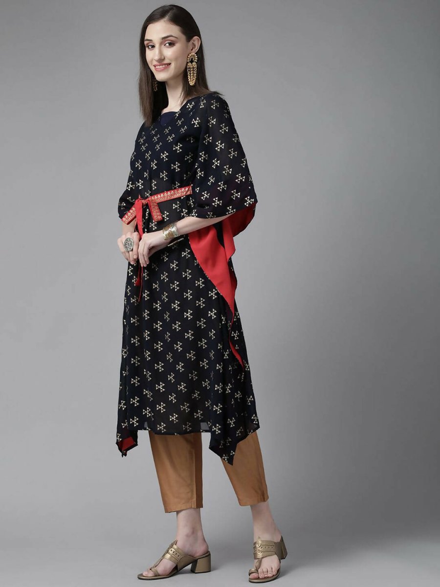 Ahalyaa Women Navy Blue Georgette Gold Printed Kaftan Kurta