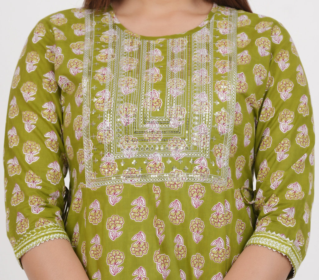 House of RP Women's Green Cotton Floral Yoke Embroidered Anarkali Kurta & Pant Set