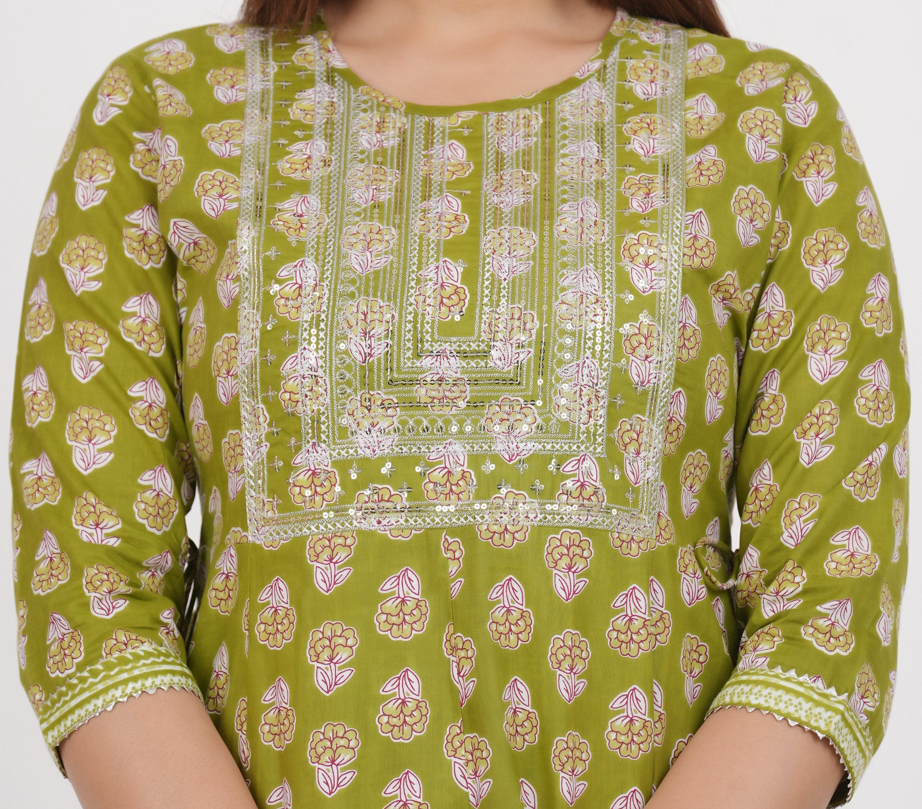 House of RP Women's Green Cotton Floral Yoke Embroidered Anarkali Kurta & Pant Set