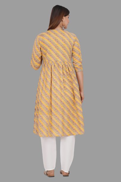 House of RP Women's Yellow Cotton Laheriya Print Embroidered Flared Kurta
