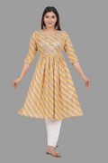 House of RP Women's Yellow Cotton Laheriya Print Embroidered Flared Kurta